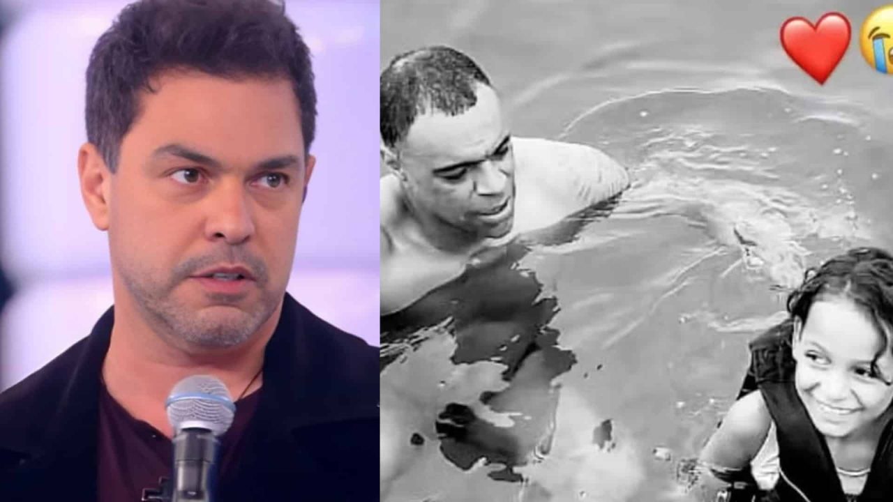 Foto montagem de Zezé Di Camargo em programa e Denilson em piscina com a sobrinha